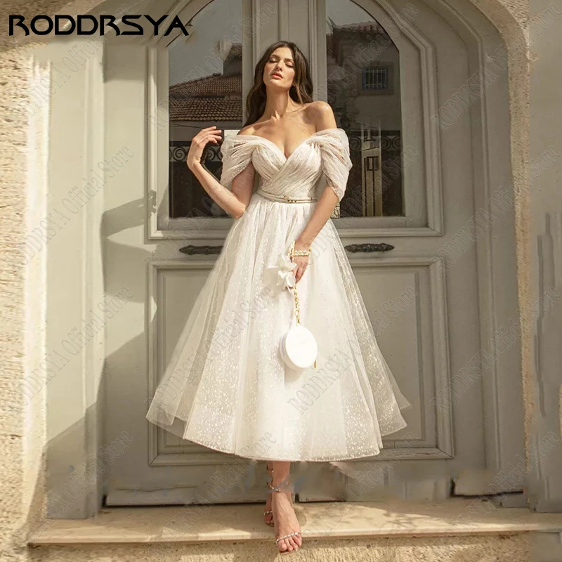 

Блестящее свадебное платье RODDRSYA, короткое платье с открытыми плечами для влюбленных, блестящее Тюлевое платье для невесты длиной ниже колена