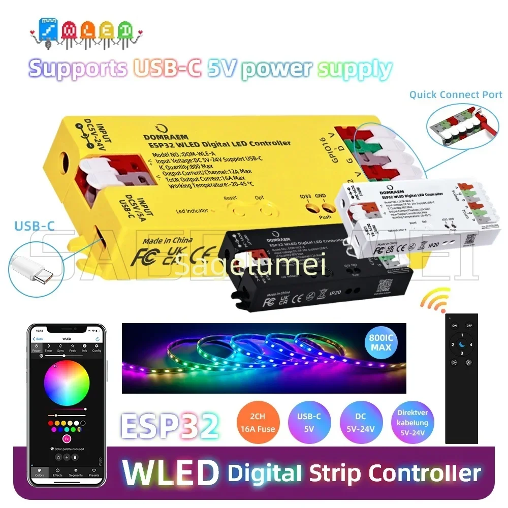 Фото DOMRAEM ESP32 USB-C WLED Цифровой светодиодный контроллер RGB IC DIY APP Предохранитель 16А Работает с полосой HA/MQTT/Alex WS2811/12B/14/05 Sk6812 №3