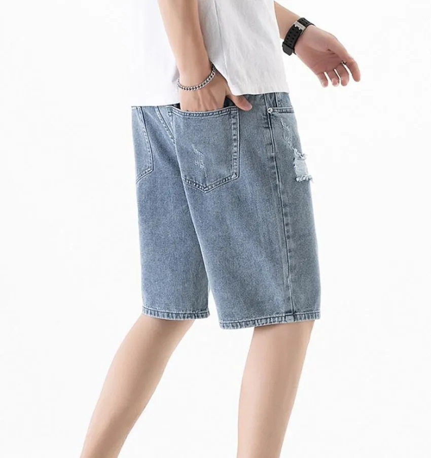 2023 Summer New Japan Korea Hole Ripped Straight Men Jeans Shorts  Fashion Loose Blue Washed Street Knee-length Male Denim Pants