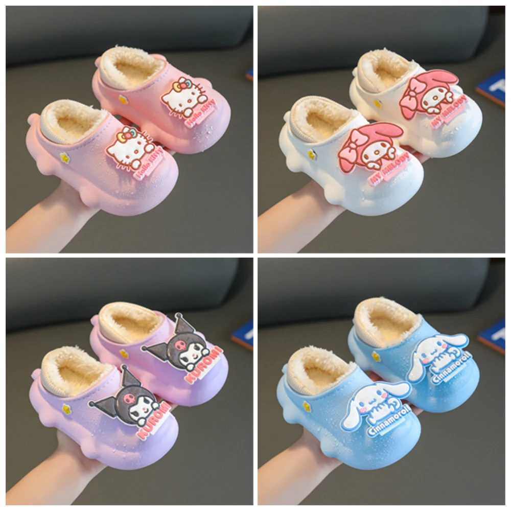 

Kawaii Sanrio Kuromi Plush Indoor Slippers Warm Autumn Winter Anime Baby Shoes Anti Slip Waterproof Cartoon Children Slippers