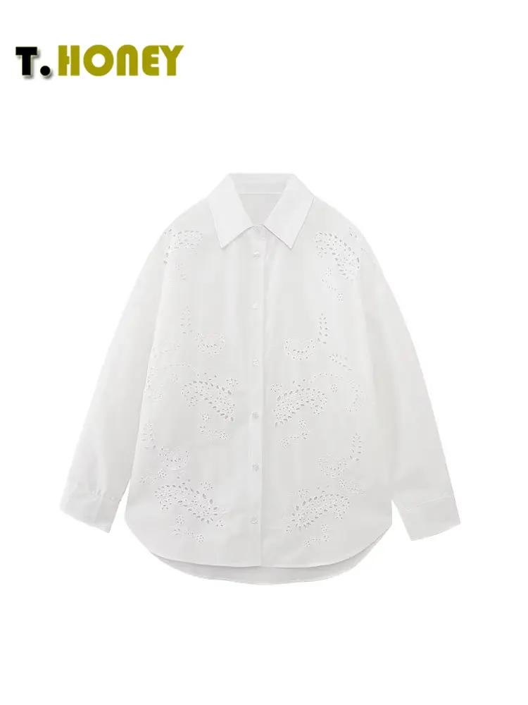 

TELLHONEY Women Fashion Lapel Collar Single Breasted Embroidery Blouses Female Casual Long Sleeves Loose Shirt