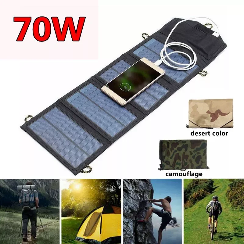 

70W Foldable Solar Panel Bag USB 5V Solar Charger Waterproof Solar Panel Cells Portable Mobile Power for Outdoor Camping Hiking