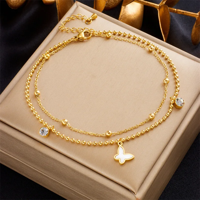 

316L Stainless Steel Double Layer Butterfly Zircon Anklets For Women Girl Trend Leg Chain Waterproof Jewelry Gift Dropshipping
