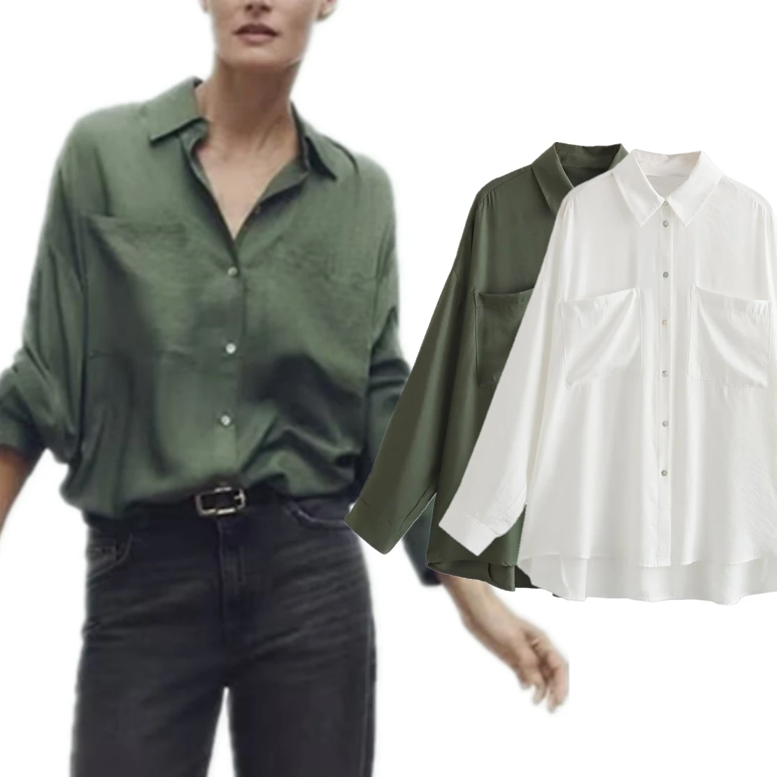 

Elmsk British Fashion Ladies Pocket Decorated Bat Sleeve Loose Shirt Women Tops Simple Solid Color Autumn Shirt Female