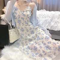 blue floral suspender dress coat elegant women sexy v neck sleeveless sweet high waist dress suit 2022 spring summer new