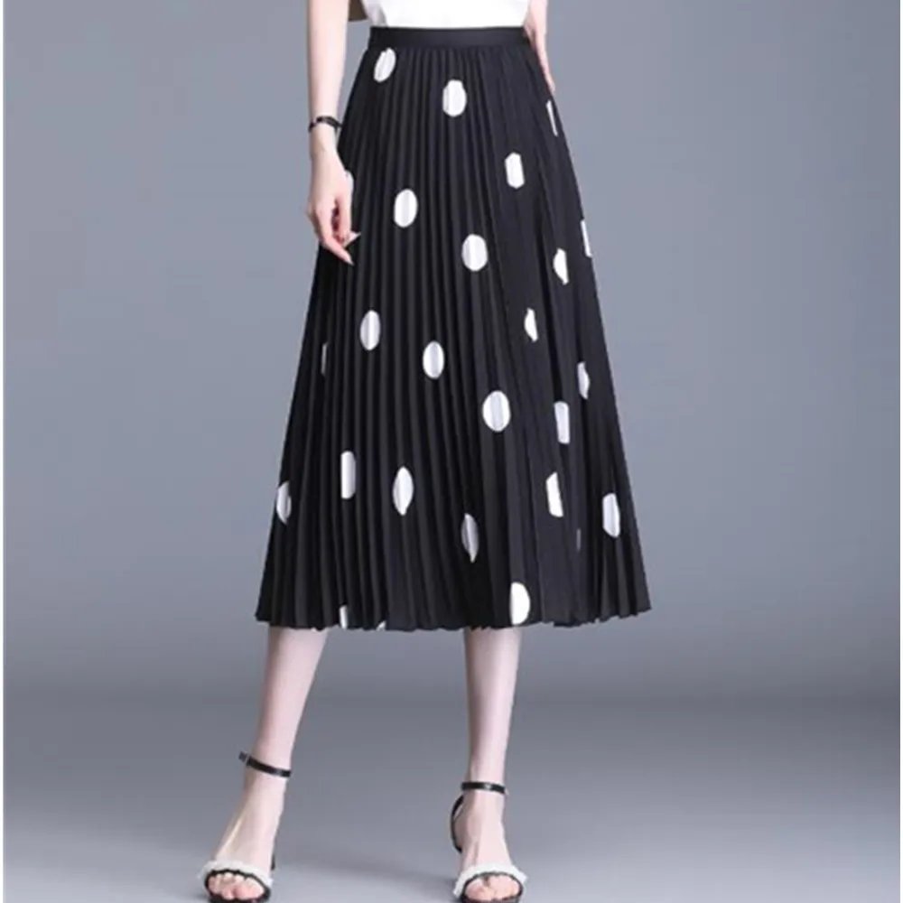 Женская плиссированная юбка-макси в горошек белая черная длинная трапециевидная