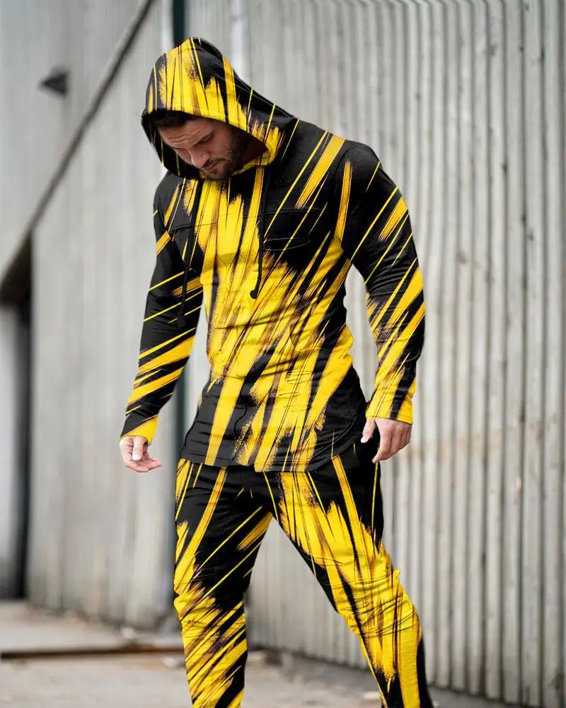 Men's Hooded Pullover Sweatpants Long-sleeved Trousers Two-piece Set Casual Plaid Sweatshirt Fashion Tracksuit  Jogging Suit