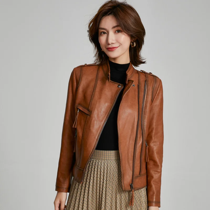 Women Leather Short Korean Leather Jackets Coat Fashion Leather Jacket Motorcycle Sheepskin Leather Coats Roupas Feminina Zm1450