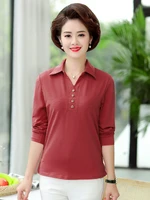 middle aged women red pink green blouses turn down collar cutout v neckline design long sleeve top mature lady casual wear 2022