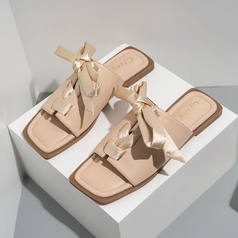 women sandals 2022 summer new trend flat silk bowknot square toe fashion luxury comfortable elegant sweet work beach ladies
