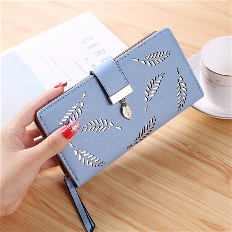 

Women Wallet PU Leather Purse Female Long Wallet Gold Hollow Leaves Pouch Handbag For Women Coin Purse Card Holders Clutch