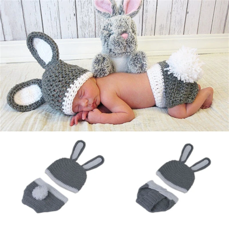 

2 Pcs Newborn Photography Props Outfits Gray Baby Short Pants Long Ear Bunny Hat Set Crochet Knit Shorts Cap for Infants