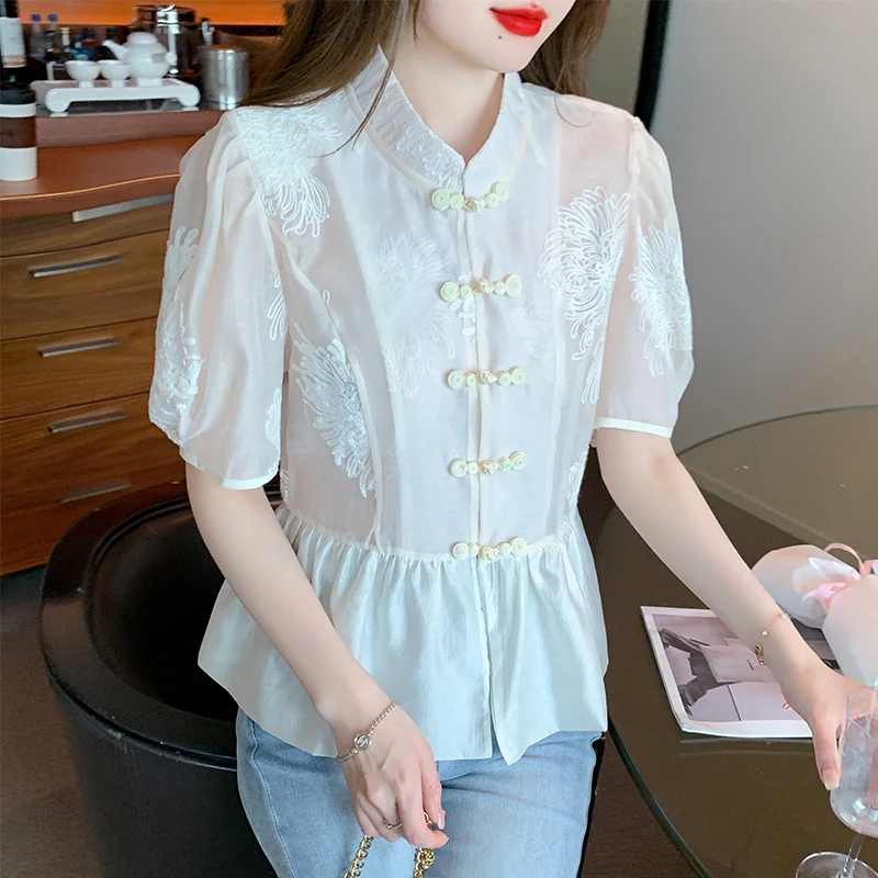 

Chiffon Women's Shirts Summer 2023 New Chinese Style Blouses Slim Fit Solid Short Sleeve Lace Top Elegant Clothing YCMYUNYAN