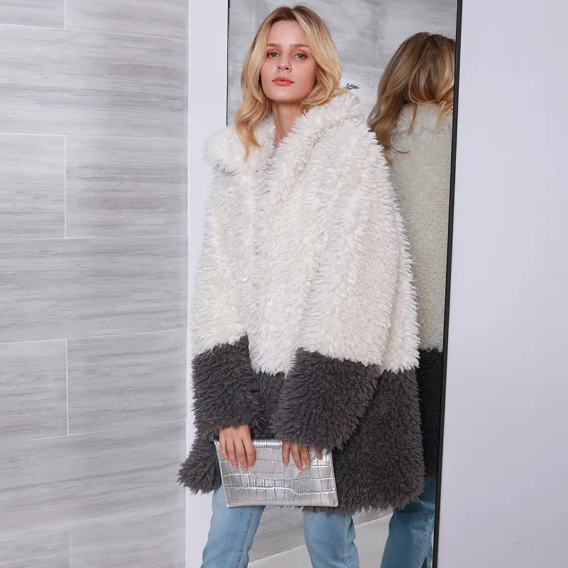 New style imitation fur coat, puffy in winter, warm, plush patchwork coat, women's long sleeved lapel fur coat