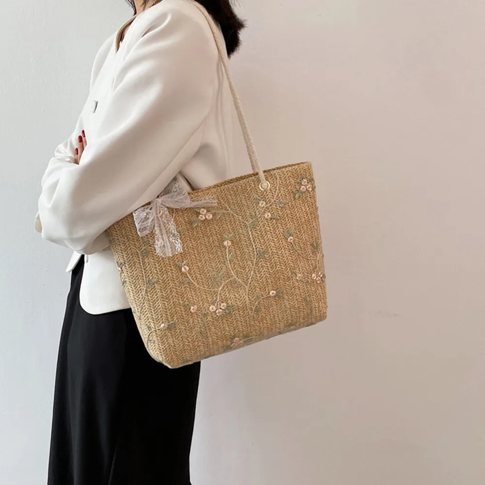 

Straw westernized One Shoulder Tote Bag bow knot small fresh woven handbag new fashion women's bag
