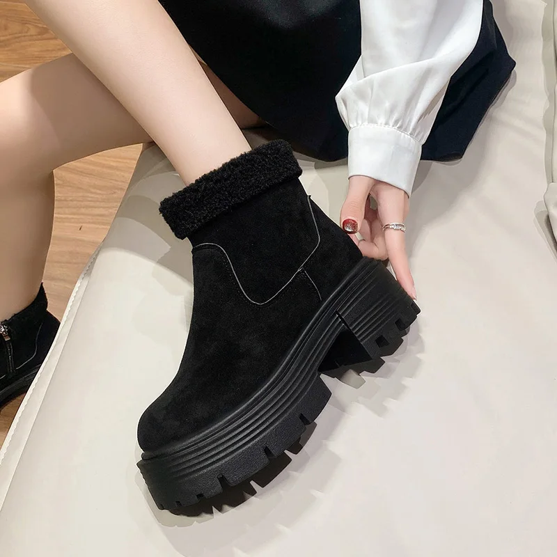 STRONGSHEN Winter Women Snow Boots Casual Heel Plush Warm Shoes Suede Fur Chelsea Ankle Boots Platform Ladies Shoes Botas Mujer