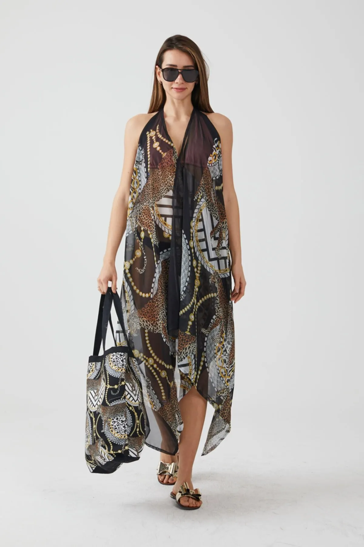 

Women's Pareo Ays Home Leopard Pattern Black Beach Dress Swimwear Cover Up Dress Sexy Tunic Suit Beachwear