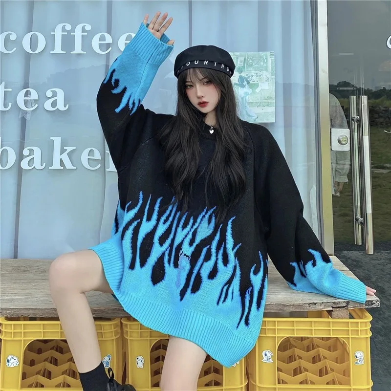 Свитер женский уличная одежда ретро пламенный узор хип-хоп осень пуловер из