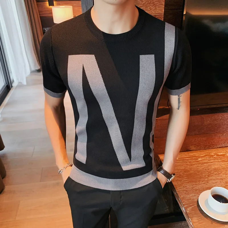 2022 British Style Men's High-Quality Slim Fit Short-Sleeved Sweaters/Men of Letters Printing Leisure Sweater Plus Size S-4XL |
