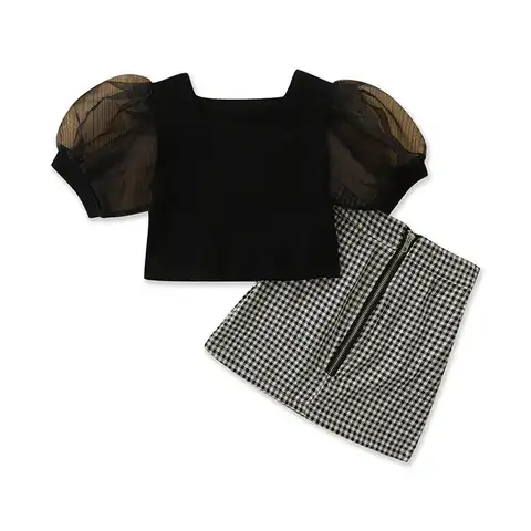 Комплект летней одежды для маленьких девочек, черный топ с коротким рукавом-фонариком и квадратным вырезом и юбка-трапеция из твида, детска...