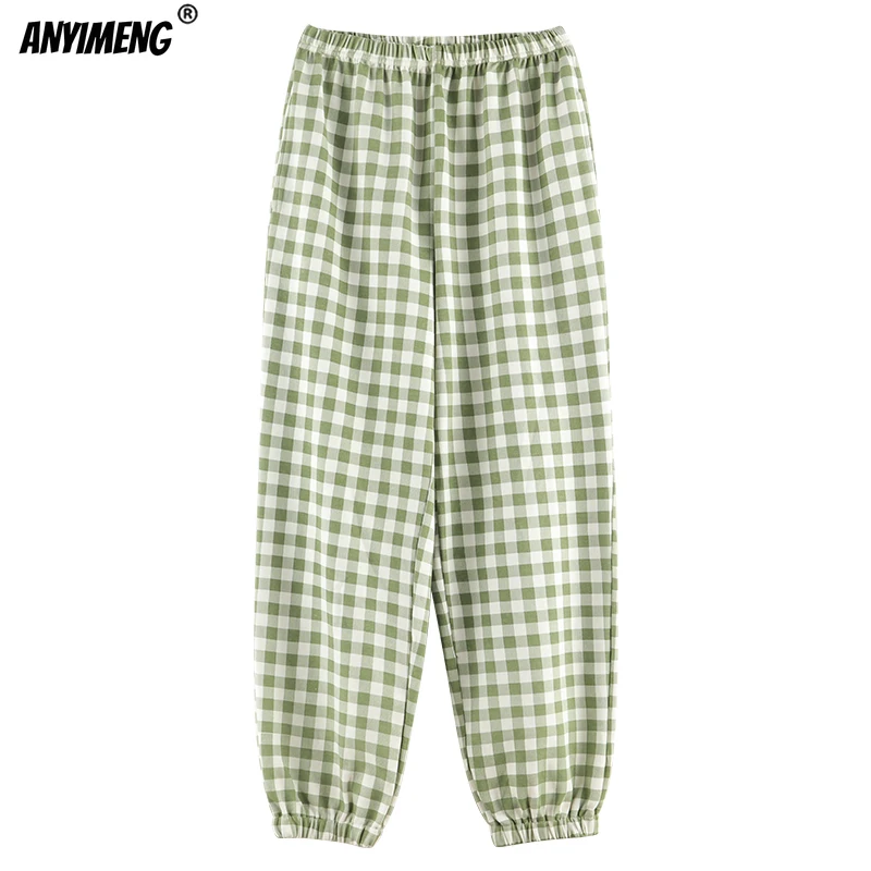 

Sleep Pants for Womens 2023 Spring New Green Plaid Leisure Homewear Cotton Elastic Waist Casual Lounge Wear Korean Bottoms Pants