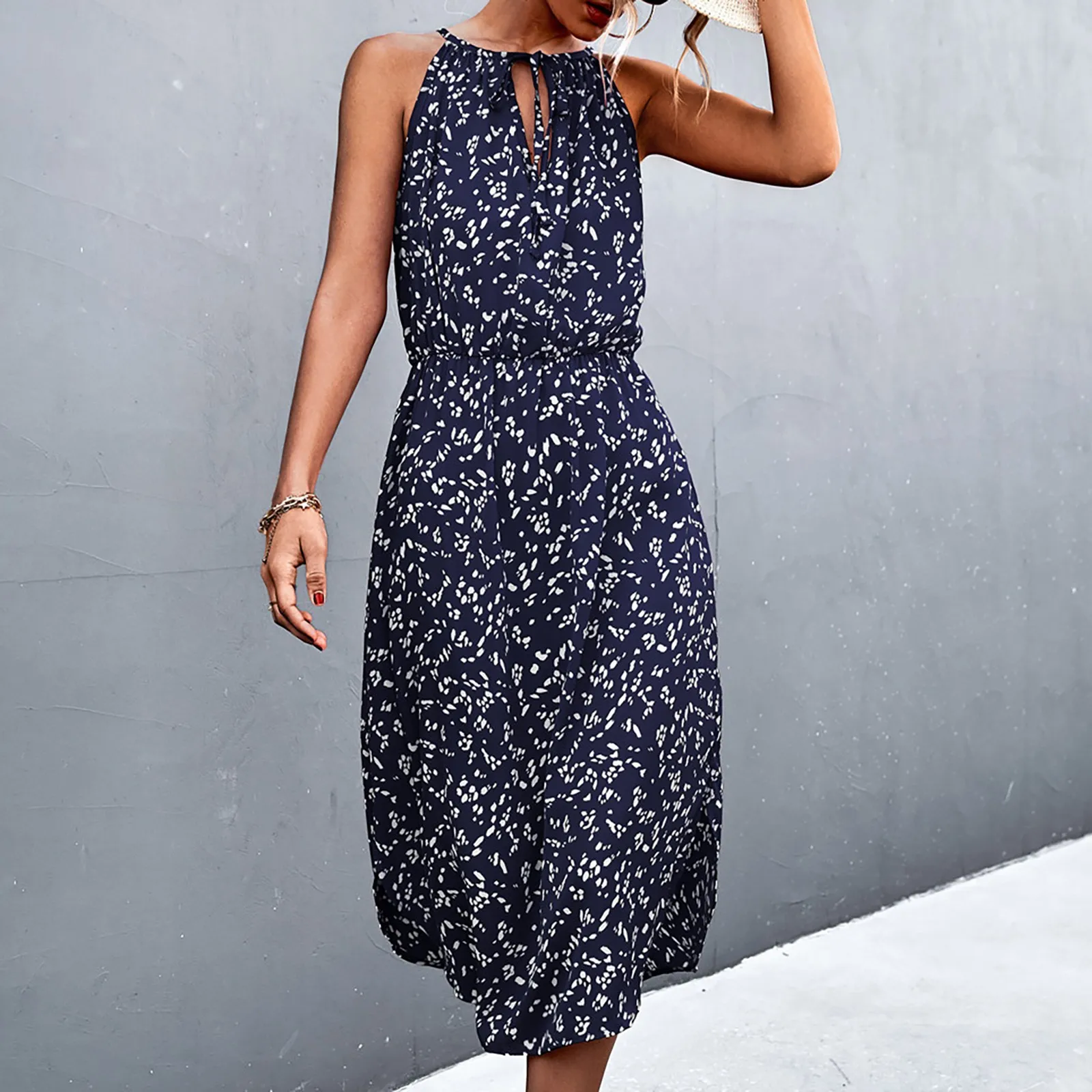 

2022 Women Maxi Dress Sexy Floral Print Off Shoulder Halter Neck Strap Summer Dresses Casual Ruffles Lace Up Beach Boho Sundress