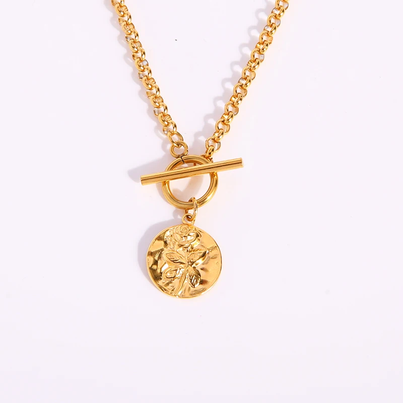 

Rose Flower Coin Necklace Stainless Steel Necklace For Women Gold/Silver Color Metal Toggle Chain Choker Necklace Femme