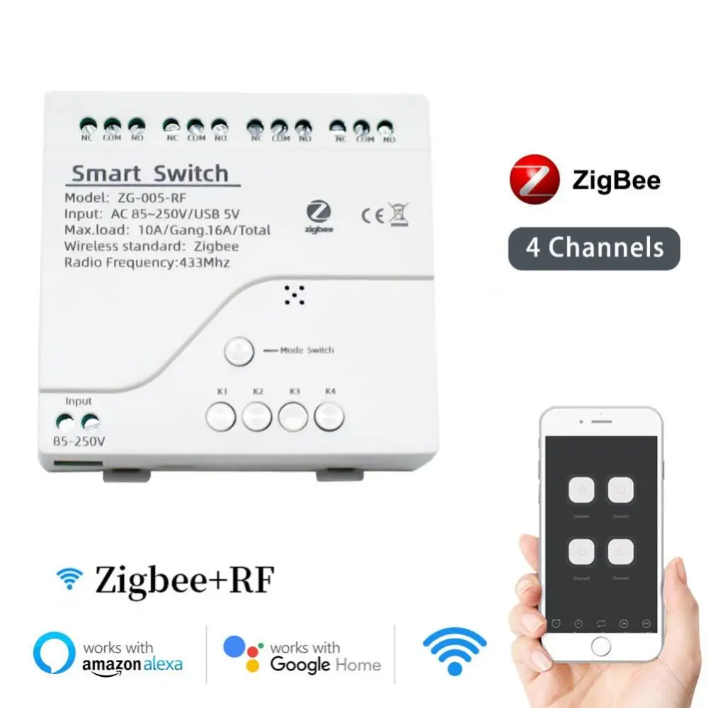 

Умный коммутационный модуль Tuya Zigbee, 4-канальное реле с Wi-Fi, на DIN-рейке, работает с Alexa Google Zigbee Hub, 85-250 В
