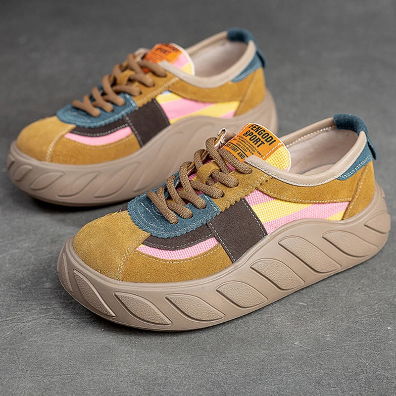 Mixed Colors Flats Comfy Shoes Women Sneakers Genuine Leather Lace-up 2023 New Fashion Handmade Leisure Platform Vulcanize Shoes