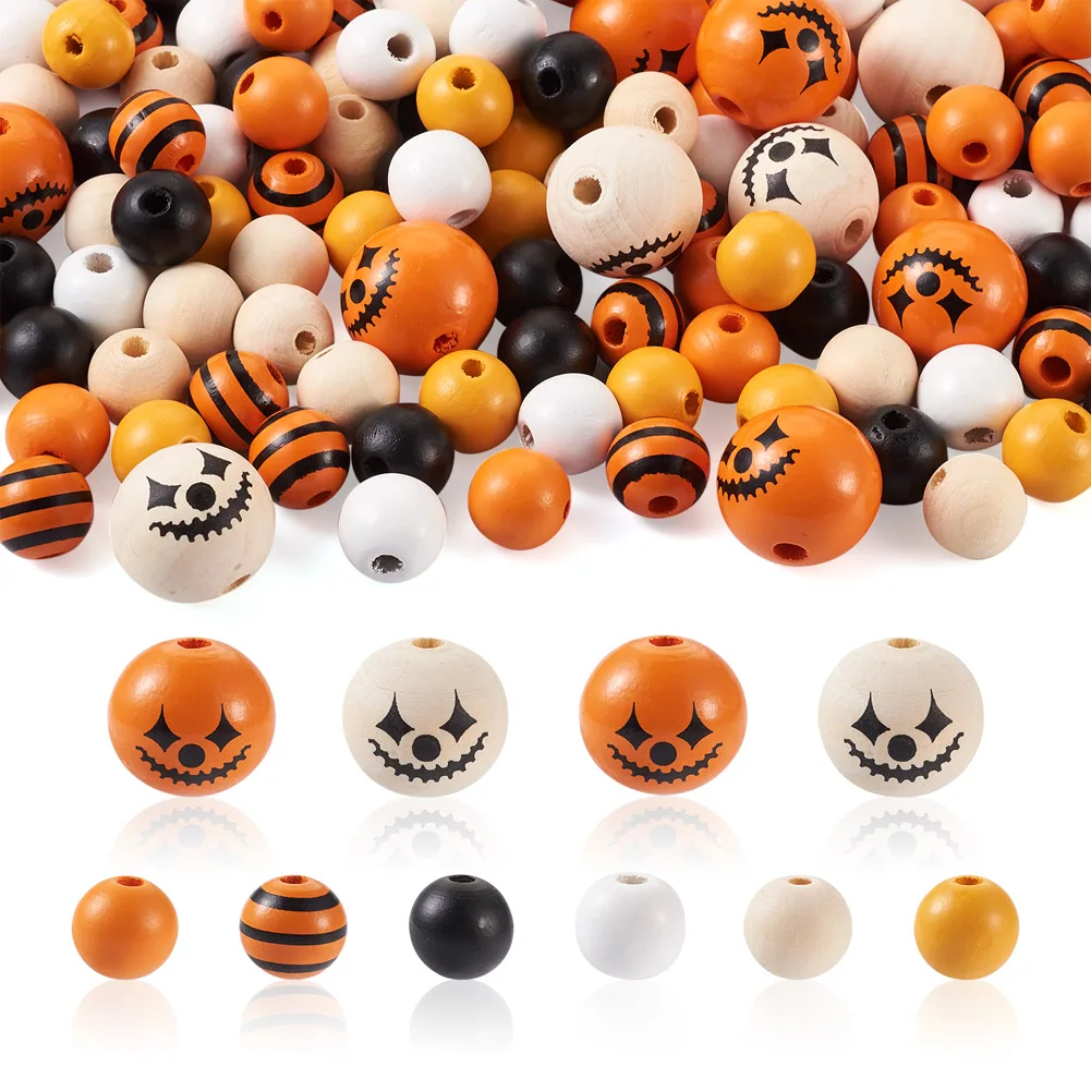 

60~180pcs Halloween Wooden Beads Spider Web Tartan Stripe Leopard Maple Leaf Plaid Round Beads for jewelry making DIY Decor