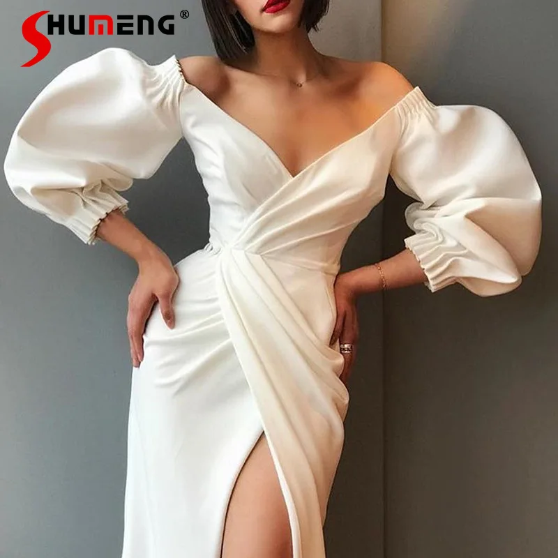 

Sexy Elegant Pure Color High Waist Deep V Neck Long Puff Sleeve Dress Party Vestdios Oversized Slim Slit Stretch Women's Dresses