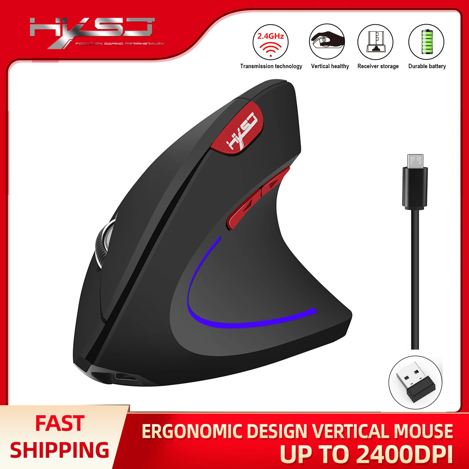 

Rechargeable Wireless Mouse Optical Ergonomic Vertical Gaming Mice 5 Buttons 2400DPI For Desktop Computer Office Home PC Gamer