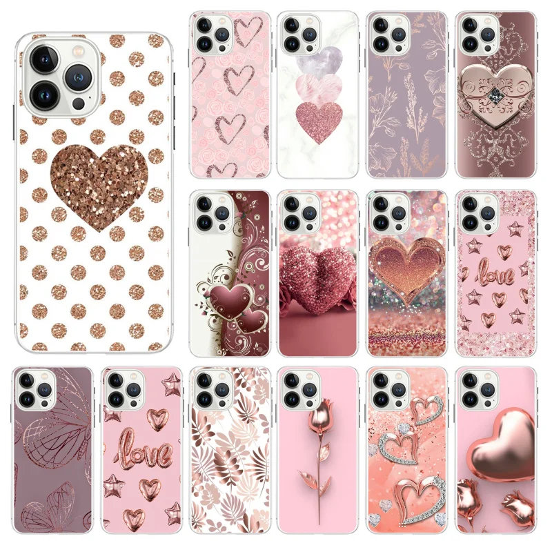 

Phone Cases For iPhone 14 12 11 13 Pro Max Case Silicone Funda on iPhone 13Mini X XS Max XR 8 7 14 Plus Gold Rose Love Heart