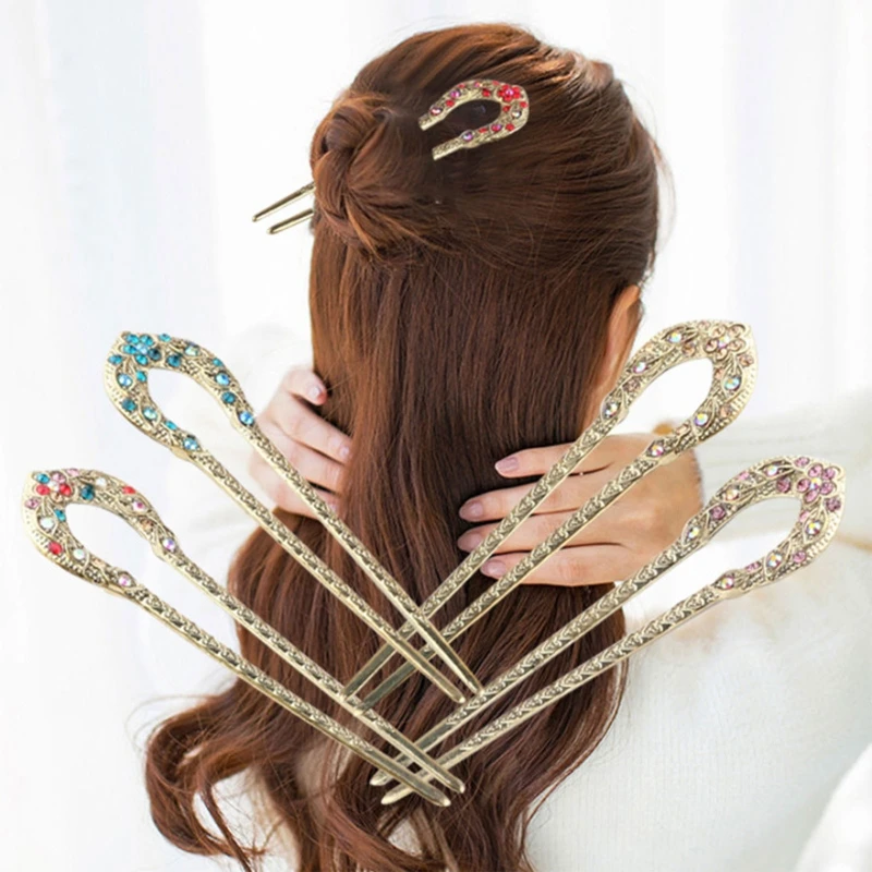 

Fancy Metal Hair Clip U-Shaped Hair Pin Fork Sticks Rhinestone Crystal Hair Pins Chignon Hairpin Chinese Style Headwear