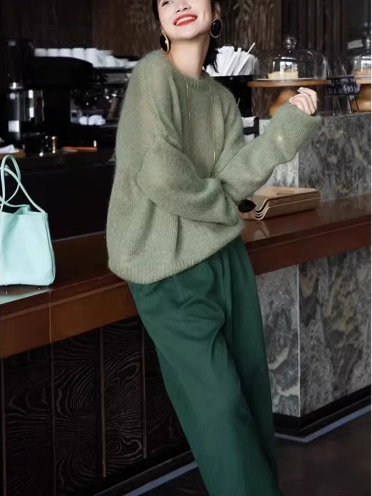 Cameo Green Mohair Long sleeve Knit Women Winter Idle Sle Loose Soft Glutinous Pullover Sweater Atmosphere Top