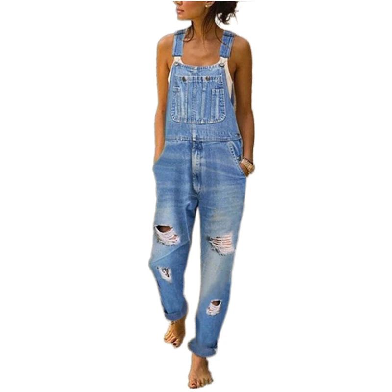 

Рваные джинсовые комбинезоны с дырками, женская уличная одежда с большими карманами, повседневные брюки на подтяжках, Свободный комбинезон, джинсы, длинные брюки-карго