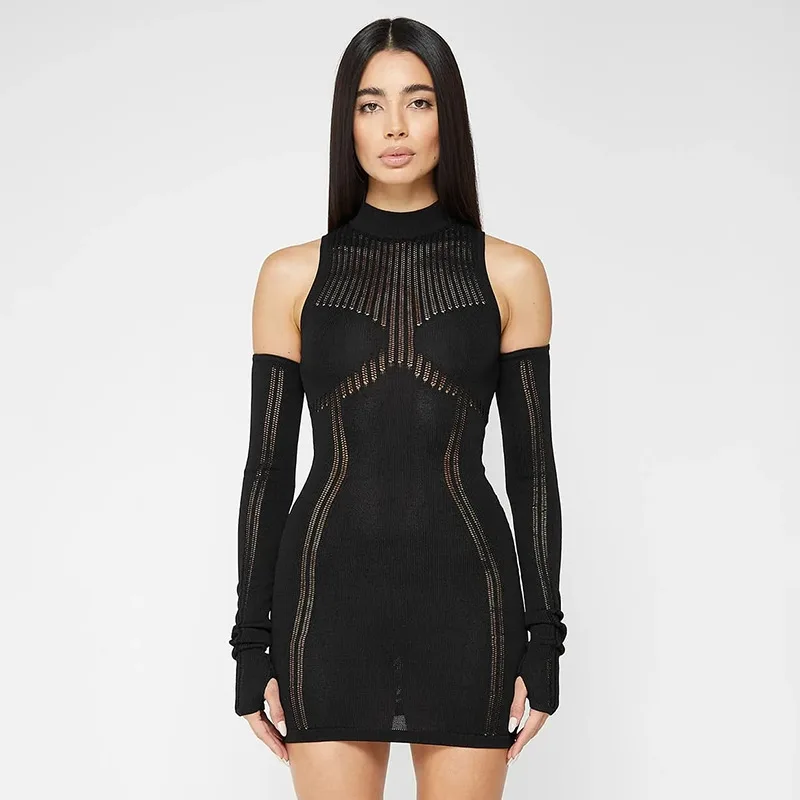 Knitted Women'S Party Dress Sexy Perspective Tight Round Neck Splice Long Sleeve Hip Wrap Dress Skirt