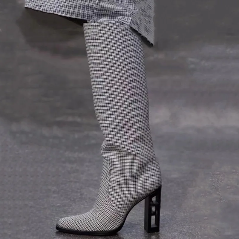 

Chunky Heels Knee High Boots Women Pointed Toe Slip-on Long Boots Ladies Patchwork Square High Heels Spring/Autumn/Winter Boots