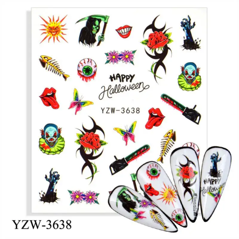 

Наклейка для ногтей на Хэллоуин, тыква, ведьма, кровь, рука, Череп, вампир, переводка для ногтевого дизайна, водная переводка, 3D искусственное украшение