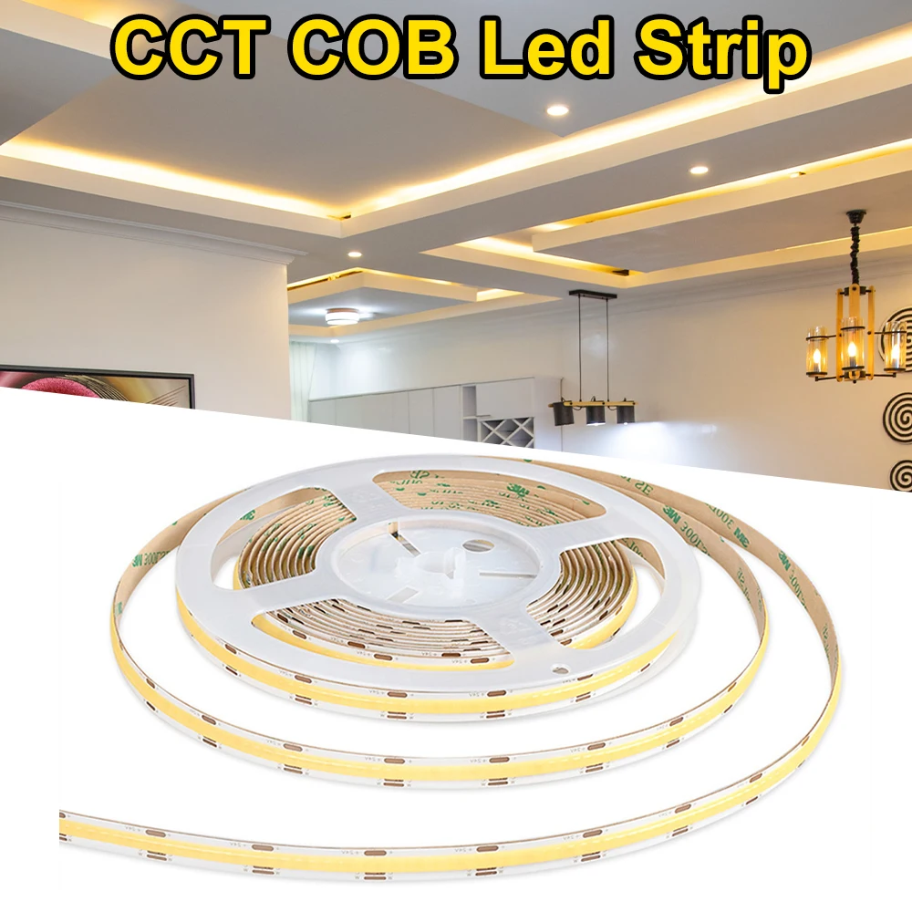 

COB CCT LED Light Strip 608 LEDs High Density Flexible FOB COB 10mm Led Lights RA90 Warm White With White Linear Dimmable DC24V