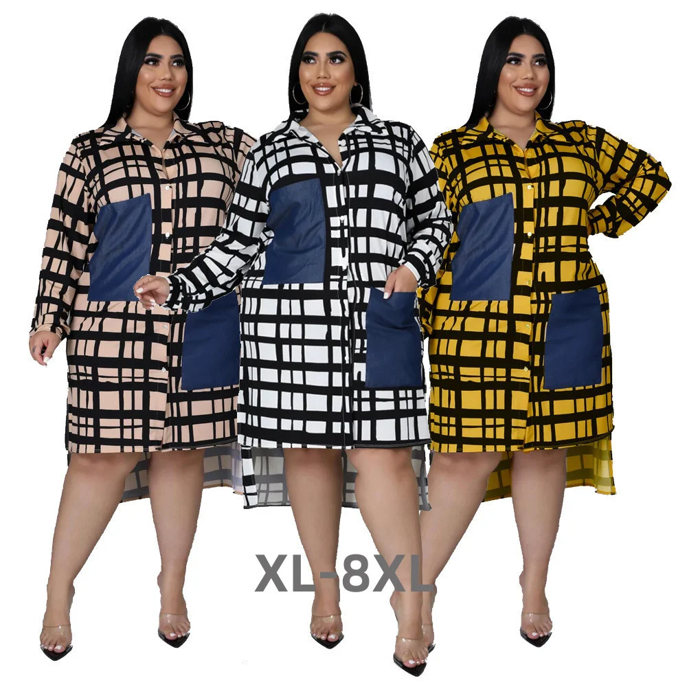 Plus Size New Dresses Women Wholesale Buttons Casual Long Sleeve Loose Office Lady Plaid Shirt Midi Dres 3xl 4xl 5xl 6xl