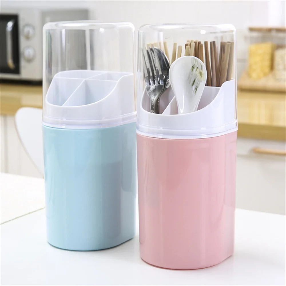 

With Lid Chopsticks Spoon Storage Rack 4-grid Style Wall Mounted Drying Rack Plastic Organizer