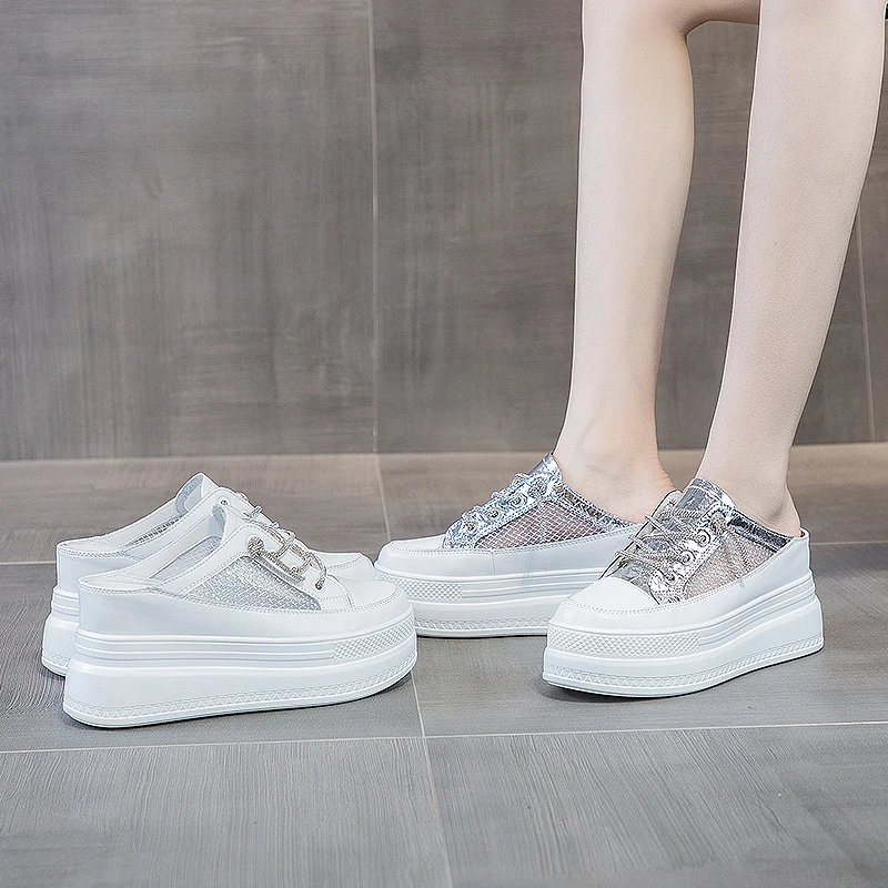 AIYUQI Slippers Women Platform High Heel Closed Toe Women Slippers Summer Mesh Hollow Women's Half Slippers