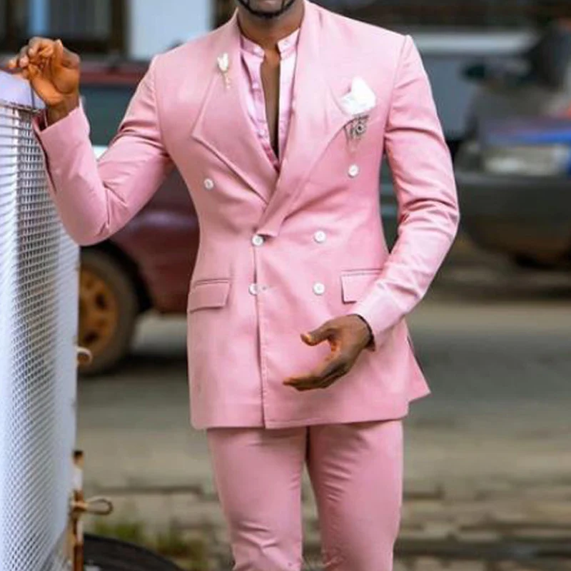 

Pink Slim fit Prom Men Suits with Double Breased 2 Piece Custom Groom Tuxedo Peaked Lapel African Man Fashion Costume Black Pant