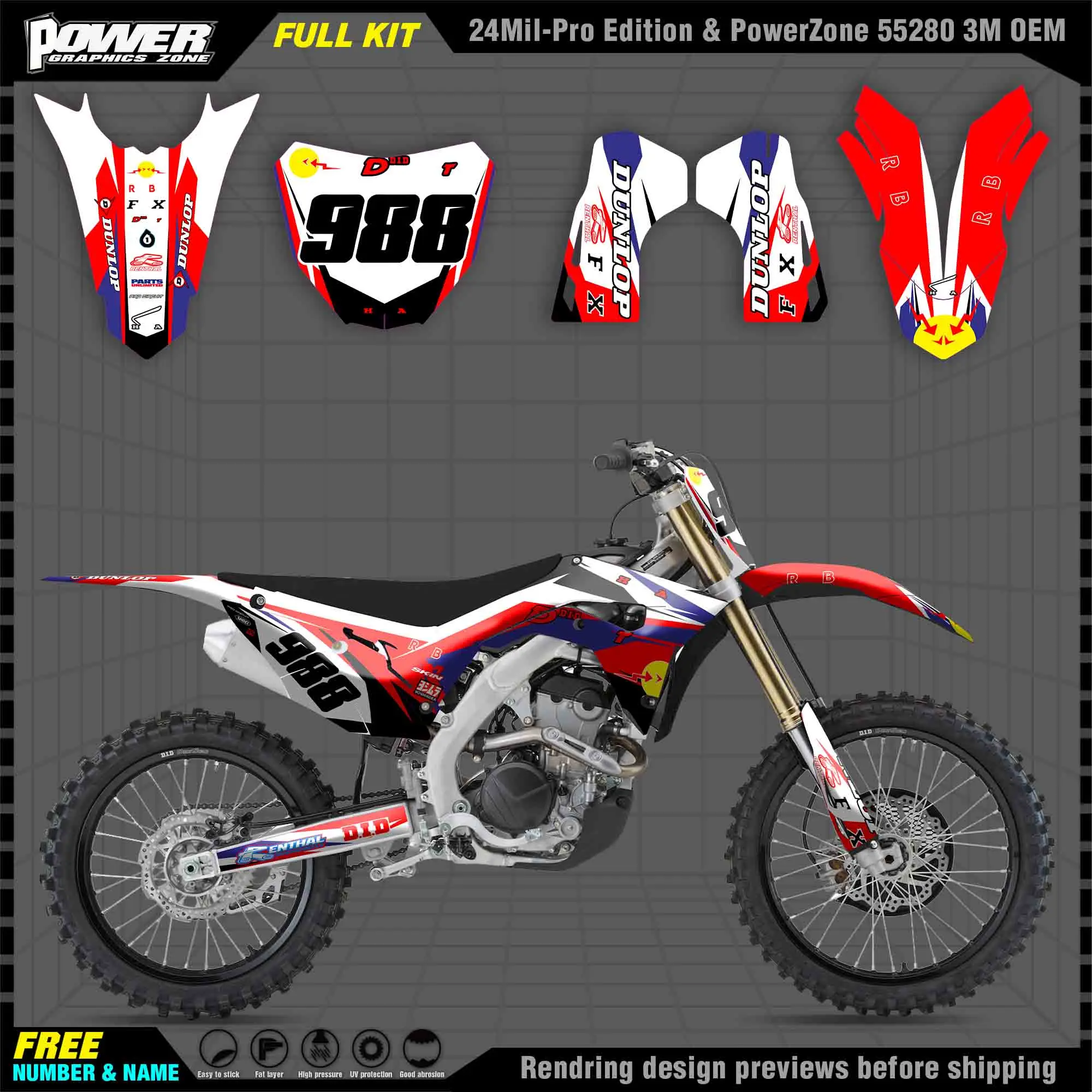 

PowerZone Custom Team Graphics Backgrounds Decals Stickers Kit For HONDA 2018 2019 2020 CRF250R 2017 2018 2019 2020 CRF450 018