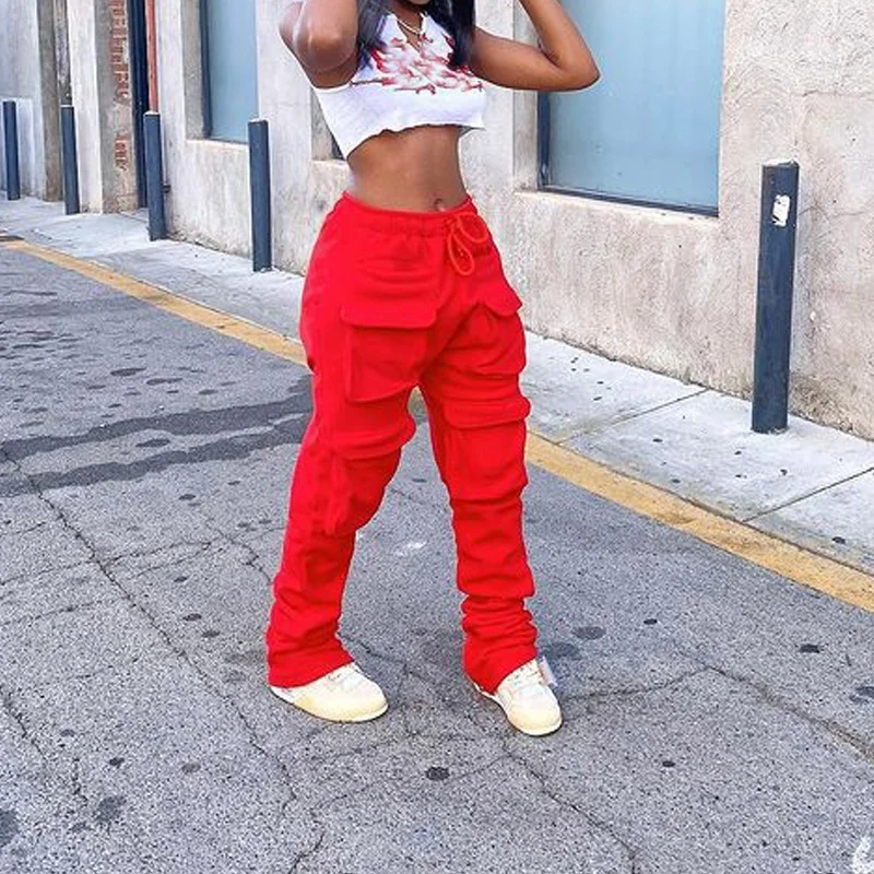 

Женские красные джоггеры с высокой талией в стиле Харадзюку, весенне-осенние спортивные брюки Y2k, уличная одежда с карманами, повседневные женские брюки