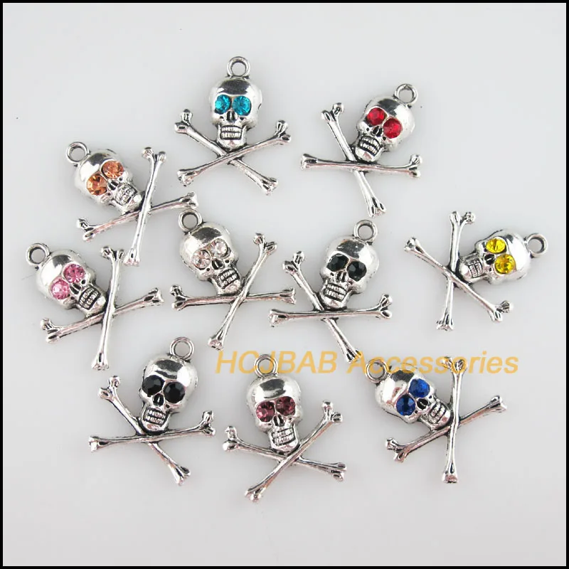 

Fashion New 20Pcs Tibetan Silver Plated Retro Halloween Skulls Mixed Crystal Charms Pendants 21x23.5mm