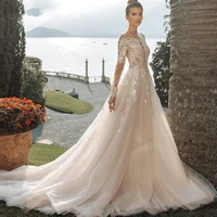 beach boat neck lace wedding dress long sleeve elegant appliques bride dress illusion button a line sweep train vestido de noiva