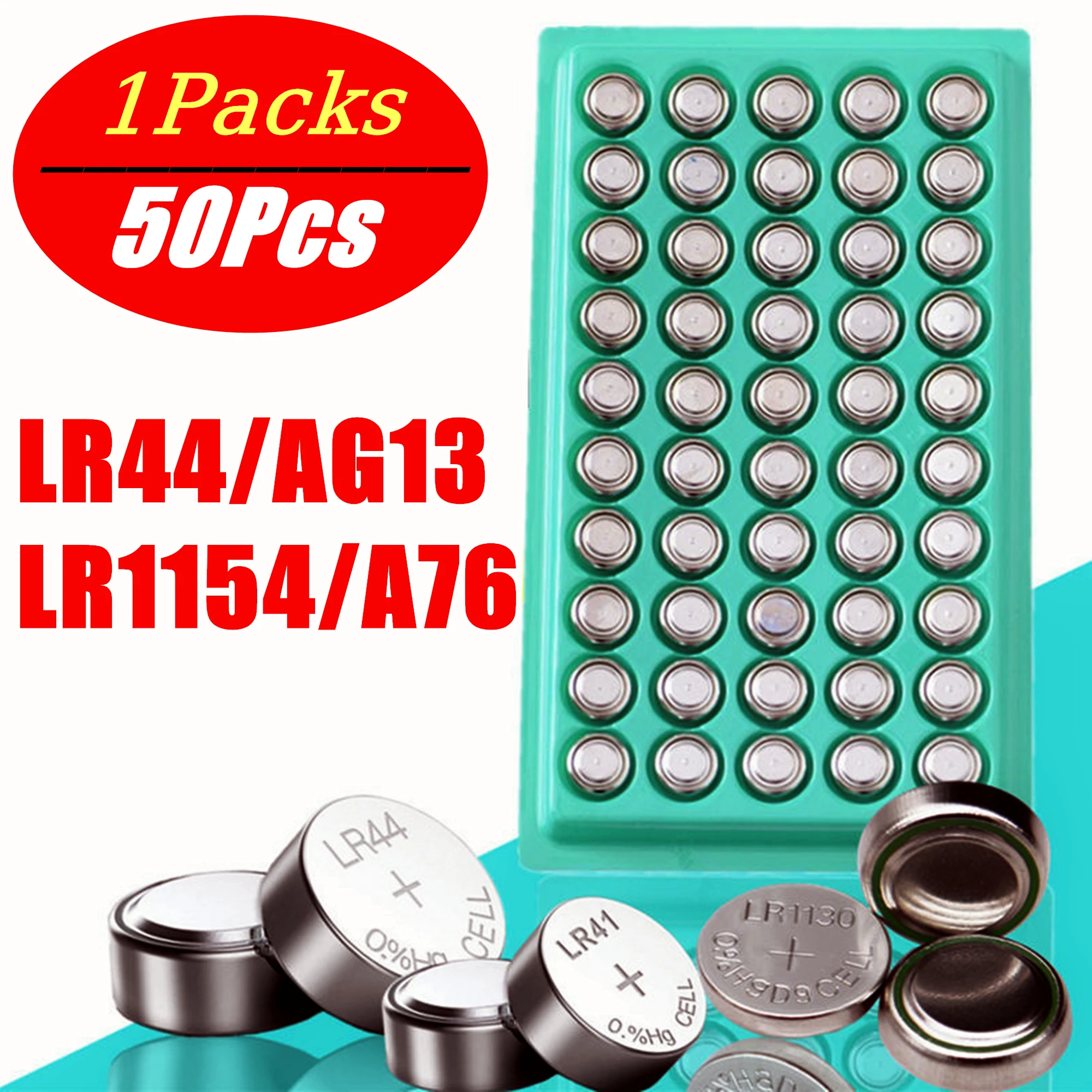 50Pcs New AG13 LR44 357A A76 303 SR44SW SP76 L1154 RW82 RW42 Coin Cell Battery For Watch Calculator Remote Kids Toys