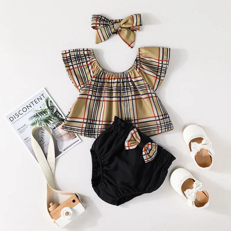

Baby Girl Clothes Children Clothing Sets Infant Plaid Headband + Flying Sleeve Top + Solid Shorts 3pcs Set Toddler Outfits